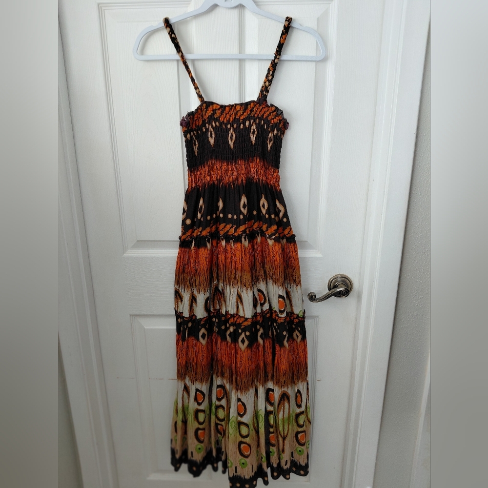 Magic Full Skirt Maxi Dress Boho Resort Festival Brown Smocked Medium Cotton - Picture 10 of 10
